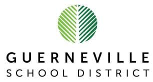 Logo for Guerneville School District featuring a green circular graphic above the district name in bold black text.