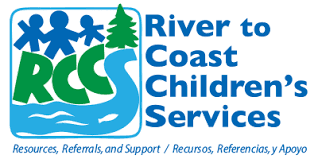 Logo for River to Coast Children's Services, featuring three human figures, a tree, water, and the RCCS acronym with text in English and Spanish.