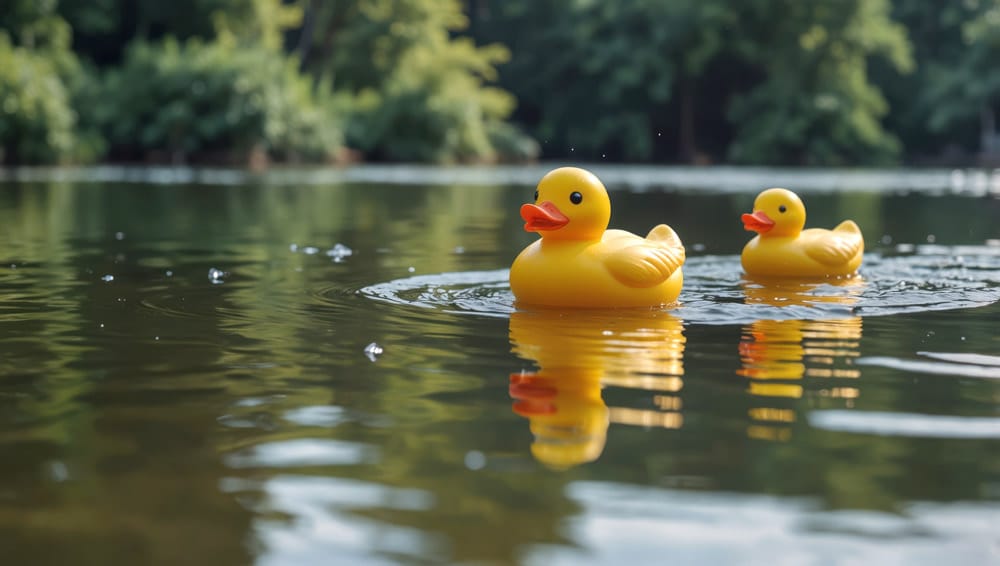 Two yellow rubber ducks float on a calm pond with green trees in the background and ripples on the water's surface.