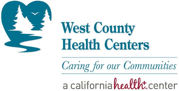 West County Health Centers logo with a heart-shaped graphic of trees and a path, and the text "Caring for our Communities, a California health center.